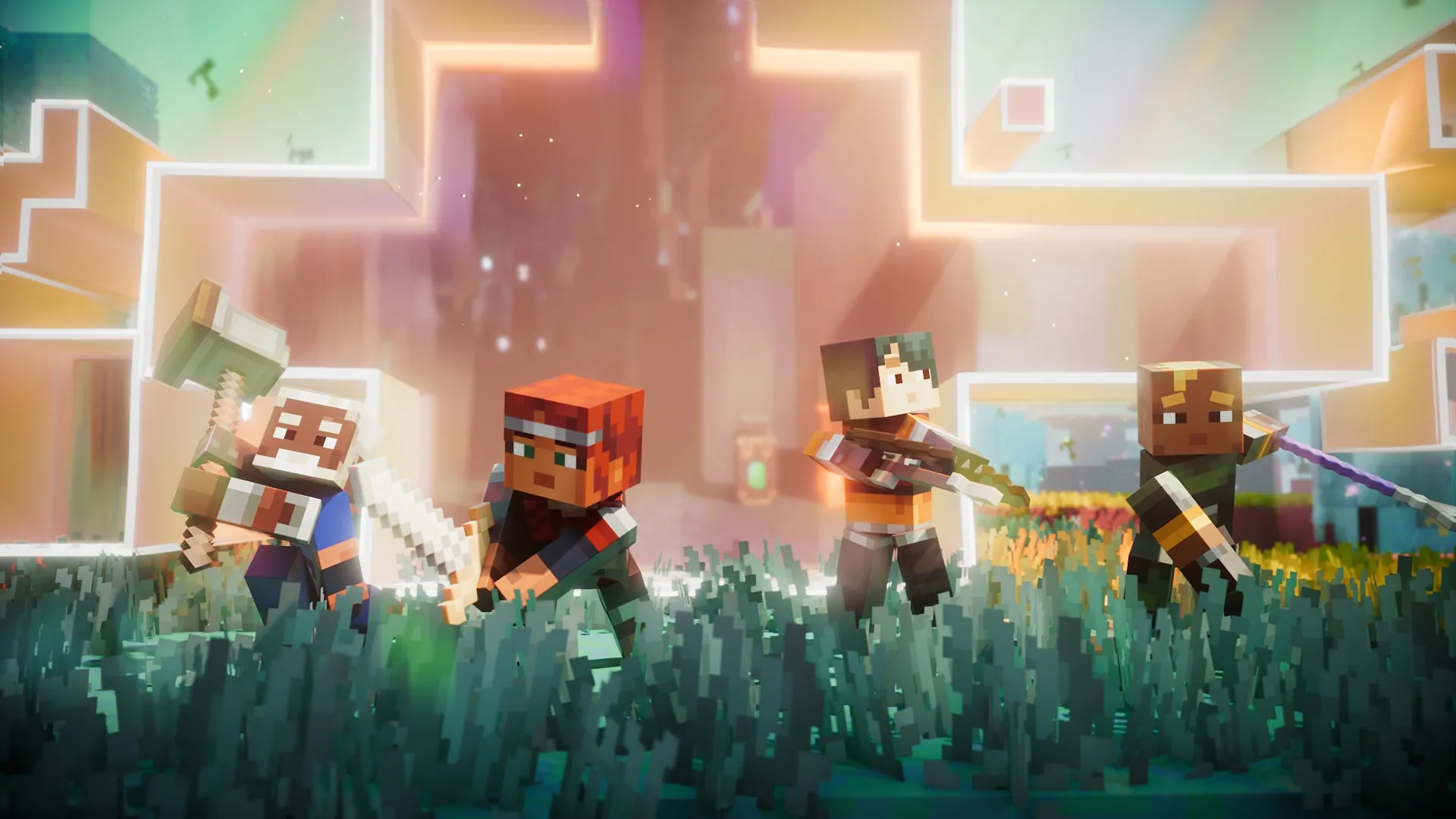 Персонажи Minecraft вместе исследуют мир
