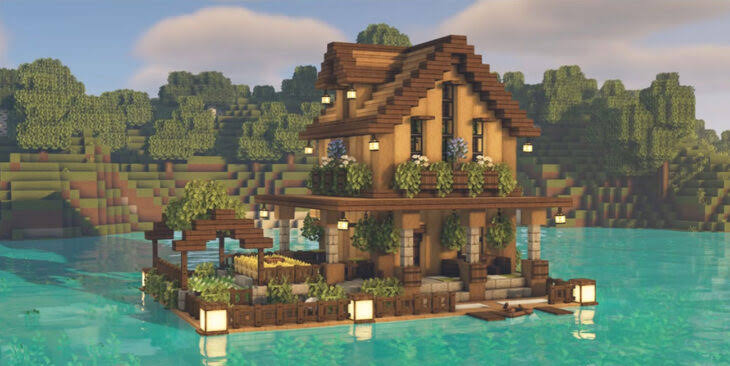 Дом Minecraft на воде с огородом