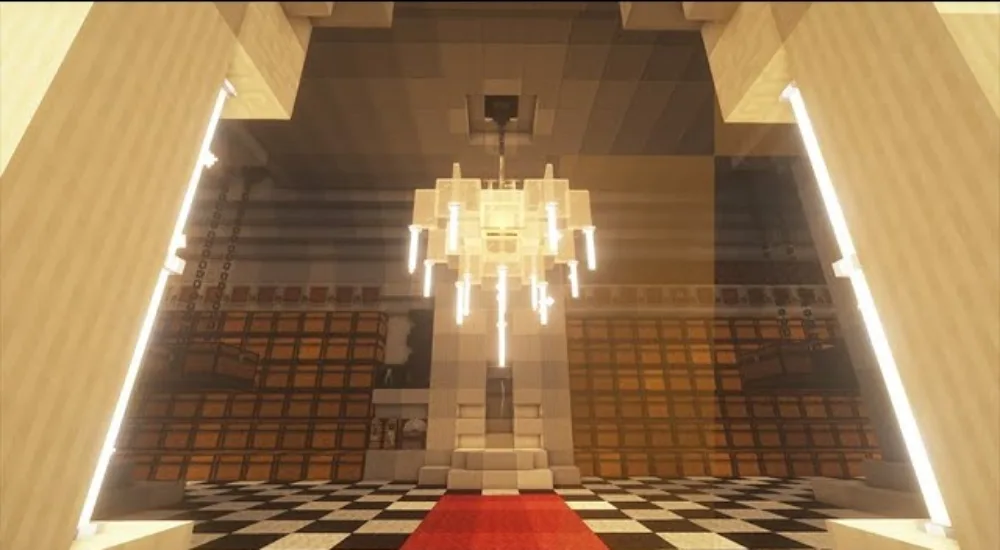 Светлый зал Minecraft с люстрой и сундуками